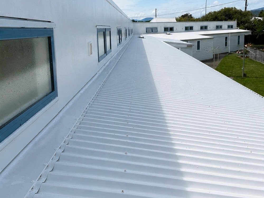 Commercial building roof and cladding after house washing, Wellington